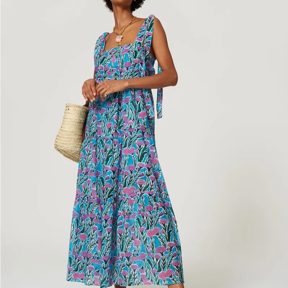 Tie Shoulder Floral Maxi Dress - Blue and Pink